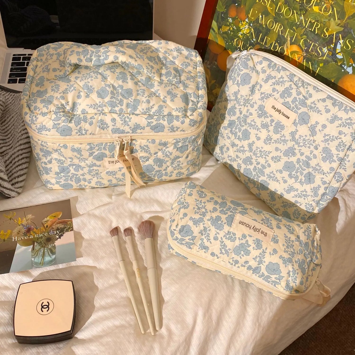 Gosect Quilted Floral 3-Piece Makeup Bags Set - Soft Cotton Diamond Quilting, High-Capacity Tote with Fixed Shoulder Strap, Medium Flat Pouch, Small Pencil Case, Double Zipper, Everyday Bag, Teenage Girl Gifts,Summervibes